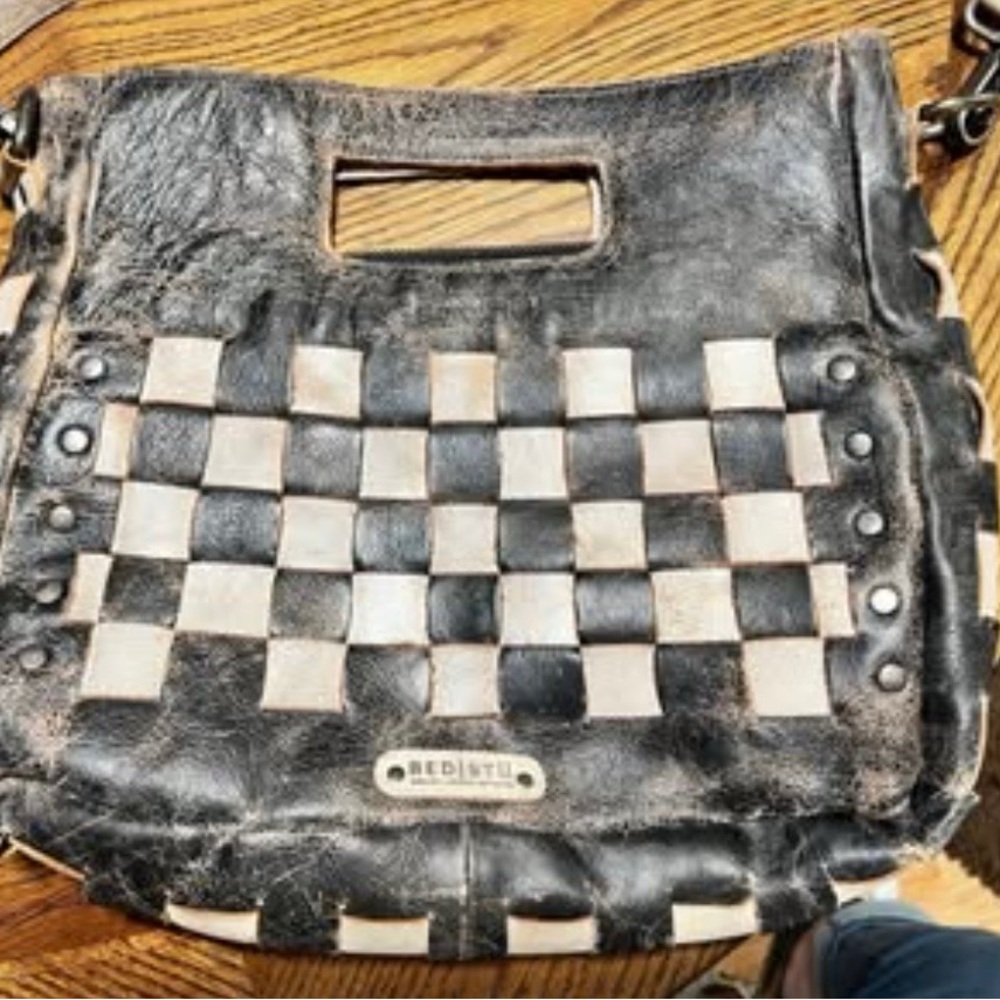 BED|STU Black and Cream Shoulder Bag with Distressed Checkered Design